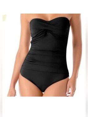EUC Anne Cole black bandeau one piece twist front shirred swim suit size 12